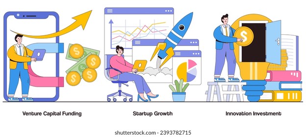 Venture capital funding, startup growth, innovation investment concept with character. Growth funding abstract vector illustration set. Startup financing, innovation support metaphor.