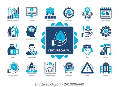 Venture Capital icon set. Emerging Companies, Startup, Business, Investment, Partnership, Shares, Strategic Thinking, Profit. Duotone color solid icons