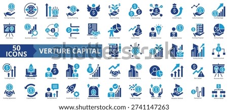 venture capital icon set flat style illustration. containing investor relations, angel investor, accelerator program, ownership stake, limited partner, investment round, capital injection