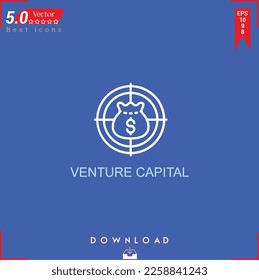 VENTURE CAPITAL icono vector en fondo azul. Iconos simples, aislados, planos, iconos, aplicaciones, logotipos, diseño de sitios web o aplicaciones móviles para la gestión de marketing empresarial,
Diseño de UI UX Curso editable.EPS10