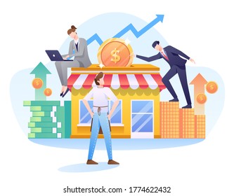 Venture Capital Illustration, Capitalist Investing in Food and Beverage Business. This illustration can be use for website, landing page, web, app, and banner.