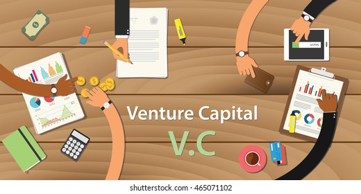 venture capital illustration with text and team work together on top of the wooden table