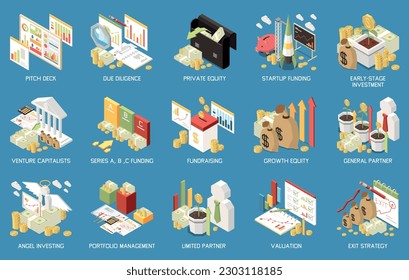 Conjunto isométrico del capital de riesgo de composiciones aisladas con iconos del dinero significa invertir gráficos y gráficos ilustrativos vectoriales