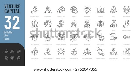 
Venture Capital Line Editable Icons set. Vector illustration in modern thin style of business related icons: fund, shareholder, market, and more. Isolated on transparent background.

