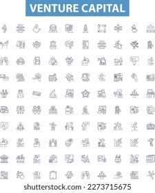 Venture capital line icons, signs set. Venture, Capital, Investing, Seed, Startups, Funding, Equity, Financial, Risk outline vector illustrations.