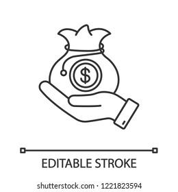 Venture Capital Linear Icon. Business Funding, Budgeting. Thin Line Illustration. Investment. Private Equity. Savings, Earnings. Hand Holding Sack Of Money. Vector Isolated Drawing. Editable Stroke