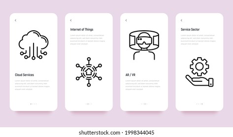 Venture capital mobile user inteface with thin line icons set. Cloud services, internet of things, VR, service sector. Pixel perfect, editable stroke. Vector illustration.