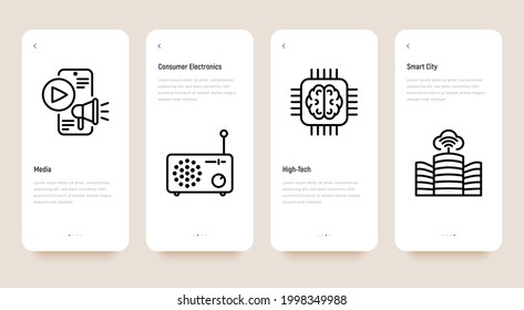 Venture capital mobile user inteface with thin line icons set. Social media, high tech, consumer electronics, smart city. Pixel perfect, editable stroke. Vector illustration.