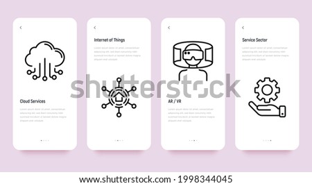 Venture capital mobile user inteface with thin line icons set. Cloud services, internet of things, VR, service sector. Pixel perfect, editable stroke. Vector illustration.