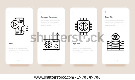 Venture capital mobile user inteface with thin line icons set. Social media, high tech, consumer electronics, smart city. Pixel perfect, editable stroke. Vector illustration.
