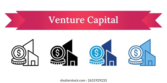 Capital de Risco - Contorno, Preenchimento Preto Silhueta Glifo, Tom duplo, Azul, Ícone Multi Estilo - Edifício e moeda com gráfico ascendente, simbolizando empresa scale-up e aumento de receita