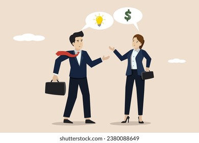 Venture capital, pitching a project for funding, selling an idea for money or VC investment, a young entrepreneur pitching an idea to raise venture capital funds.