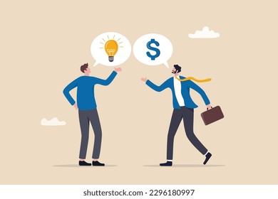 Venture capital, project pitching for funding or VC investment, selling idea for money or angel investment for startup project concept, young entrepreneur pitching idea to raise venture capital fund.