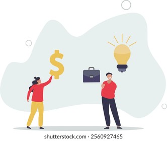 Venture capital, project pitching for funding or VC investment, selling idea for money or angel investment for startup project concept,flat characters.