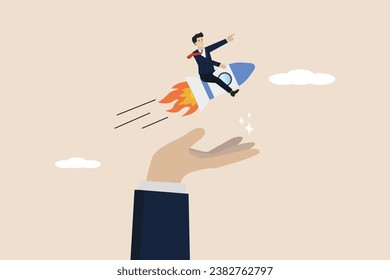 Venture capital for startup companies, helping small entrepreneurs launch project concepts, confident entrepreneurs riding the company launch rocket in the hands of supporters.