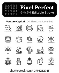 Venture Capital Thin Line Icons Set. Investment Project, Capitalization Increase, Strategy, Dividends, Global Expansion, High Tech, It Sector. Pixel Perfect, Editable Stroke. Vector Illustration.