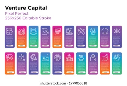 Venture Capital Thin Line Icons Set. Investment Project, Capitalization Increase, Strategy, Dividends, Global Expansion, High Tech, It Sector. Pixel Perfect, Editable Stroke. Vector Illustration.