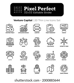 Venture capital thin line icons set. Investment project, capitalization increase, strategy, dividends, global expansion, high tech, cloud services. Pixel perfect, editable stroke. Vector illustration.