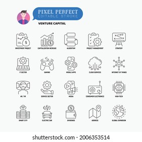 Venture capital thin line icons set. Investment project, capitalization increase, strategy, dividends, global expansion, high tech, cloud services. Pixel perfect, editable stroke. Vector illustration