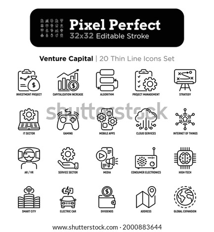 Venture capital thin line icons set. Investment project, capitalization increase, strategy, dividends, global expansion, high tech, cloud services. Pixel perfect, editable stroke. Vector illustration.