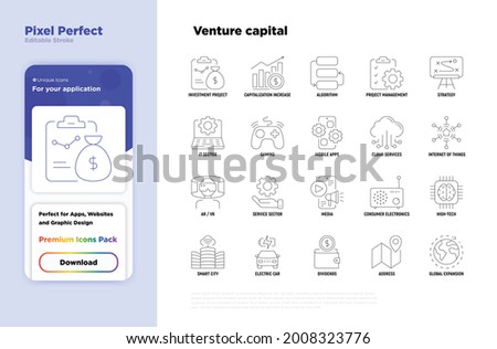 Venture capital thin line icons set. Investment project, capitalization increase, strategy, dividends, global expansion, high tech, cloud services. Pixel perfect, editable stroke. Vector illustration.