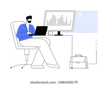 Venture capitalist abstract concept vector illustration. Venture capitalist with laptop working at night, business strategy, startup funding, investment process, raising money abstract metaphor.