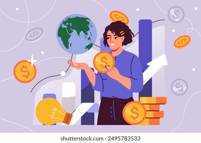 Venture capitalist woman. Young girl with gold coins in hands next to graphs, charts and dagrams. Investing and trading. Entrepreneur, investor and trader. Flat vector illustration