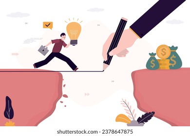 Venture fund helps startup obtain financing and develop new business. Investor hand draws path for business beginner to success and profit. Businessman with idea bulb over abyss. Mentorship, concept