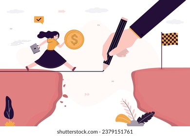 Venture fund helps startup obtain financing and develop new business. Investor hand draws path for business beginner to success and profit. Businesswoman with idea bulb over abyss. Mentorship, concept