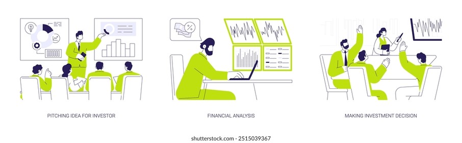 Venture funding abstract concept vector illustration set. Pitching idea for investor, financial analysis, making investment decision, financial program, raising money abstract metaphor.