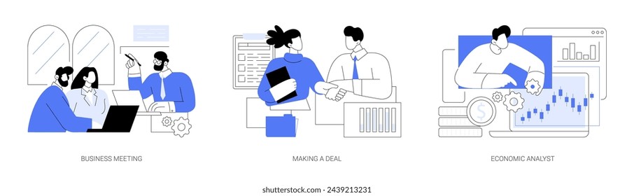 Venture funding isolated cartoon vector illustrations set. Diverse business people meeting in office, partners signing contract, making deal, economic analyst, investment consulting vector cartoon.