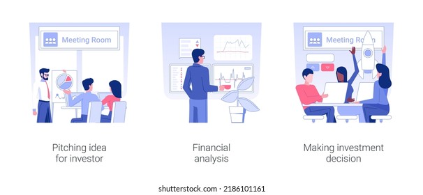 Venture funding isolated concept vector illustration set. Pitching idea for investor, financial analysis, making investment decision, financial program, raising money vector cartoon.