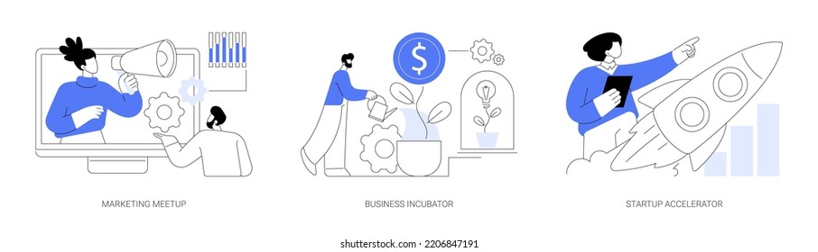 Venture investment abstract concept vector illustration set. Marketing meetup, business incubator, startup accelerator, sharing experience, business internet forum, opportunity abstract metaphor.