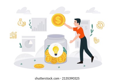 Venture investment concept. Man puts coins in jar, family budget and financial literacy. Savings and part of salary. Successful businessman or entrepreneur investing. Cartoon flat vector illustration