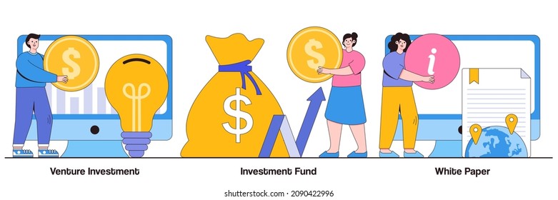 Venture investment, investment fund, white paper concept with people character. Creative idea generation vector illustration set. Crowdfunding campaign, startup financing, seed funding metaphor.