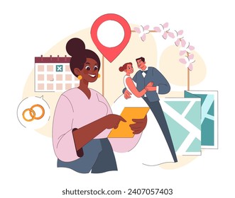 Venue concept. A joyful planner maps out wedding details with a location pin, calendar, and a couple in the backdrop. Finalizing dates and venues becomes a breeze. Flat vector illustration.