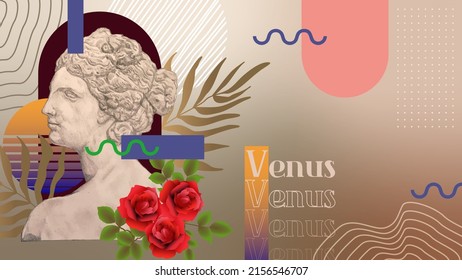 Venus aesthetic vector Illustration. Roman goddess hand drawn with contemporary element. Greek sculpture. Roman sketch. Creative design for magazine cover, backdrop, banner, print, web, card, book