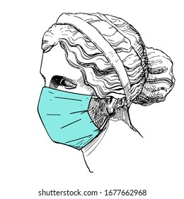 Venus, the ancient Greek goddess of love wearing disposable medical face mask vector illustration. Stop the spread of viruses concept, help prevent hand-to-mouth transmissions hand drawn art