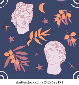 Venus. Apollo. Olive branch. Seamless pattern. Vector illustration. The art of ancient Greece.