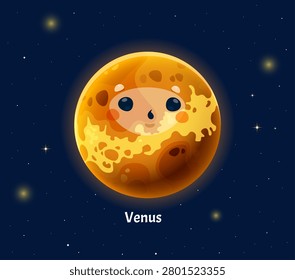 Venus cartoon planet of solar system with funny face and stars in galaxy sky. Solar system cartoon planet character with kawaii smile for kids space astronomy or universe planetary education study