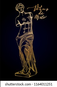 Venus de Milo full length sculpture in the front view. Vector art in engraving technique