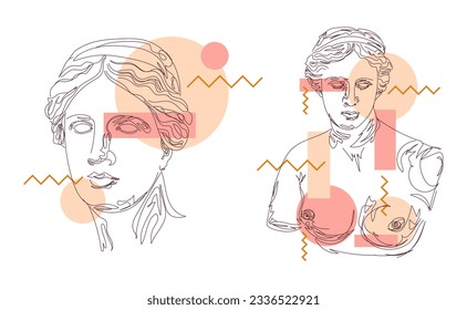 Venus de Milo griechische Skulptur Skizze Vektorgrafik Set. Portrait einer Frau aus Linien und geometrischen Formen auf weißem Hintergrund.