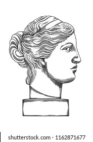 Venus de Milo head sculpture in the side view. Vector art in engraving technique. Coloring book page design for adults and kids