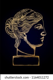 Venus de Milo head sculpture in the side view. Vector art in engraving technique.