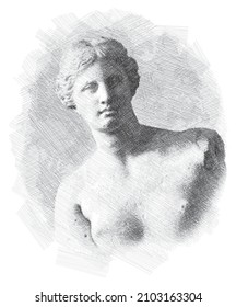 Dibujo de boceto de lápiz de Venus de Milo. Escultura griega antigua de la época helénica. Afiche, Decoración de Paredes, Postales, Banner De Medios Sociales, Fondo De Diseño De Portadas De Folletos. Patrón vectorial.