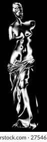 Venus de Milo statue. Aphrodite - goddess of love monument. Classical plaster figure sculpture. Gypsum body of statue with half tone effect isolated on black background. Vector illustration