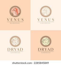 Venus and Dryad emblems set. Beautiful goddess vector illustration, logo design. Ancient woman logo set.