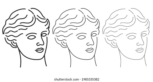 Venus for engraving. Black and white vector illustrations of Venus godness head. Line drawing, line art. Minimalistic, simple, linear print design. Greek culture. Famous sculpture