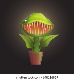 Venus flytrap flower carnivorous plant illustration. Wild deadly hungry plant in pot on dark background.