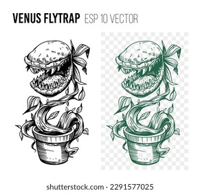 Venus flytrap sketch illustration. Vector outline on transparent background. Great for t-short print